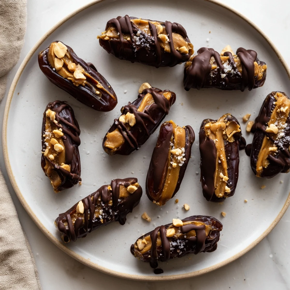 Homemade date Snickers stuffed with creamy peanut butter and dipped in glossy dark chocolate