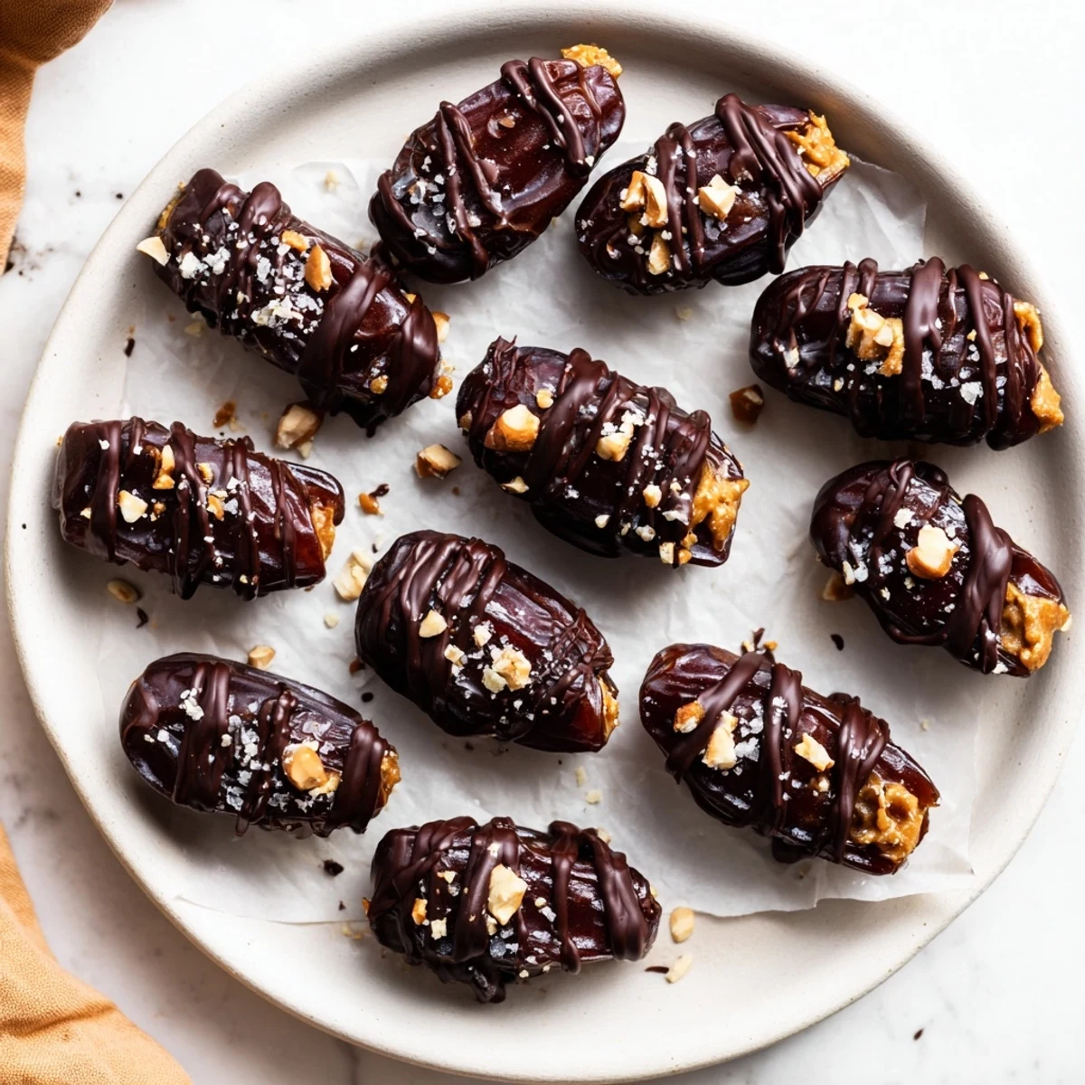 Chocolate-coated date Snickers topped with crushed peanuts and flaky sea salt on a white plate