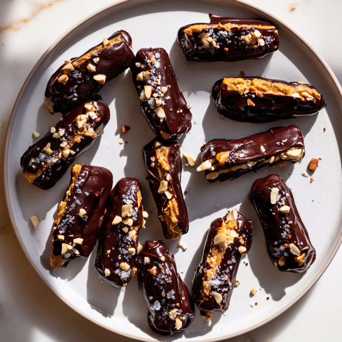 Bite-sized stuffed date Snickers showing peanut butter filling and rich chocolate shell close up