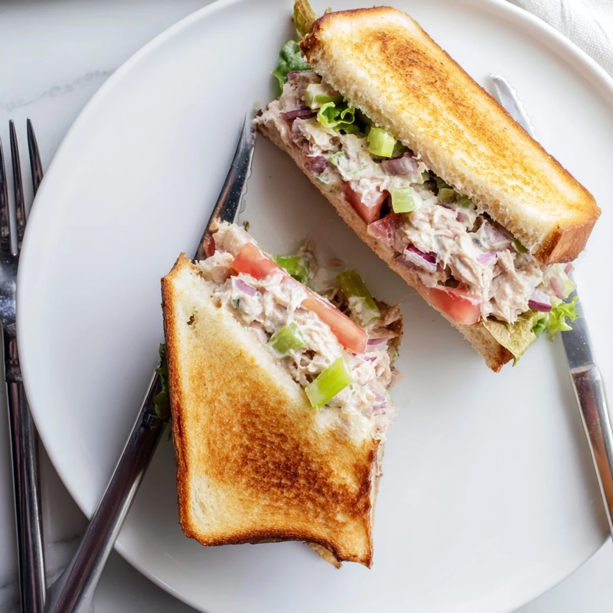 Hot tuna melt sandwich featuring crispy toasted bread layered with tuna salad and bubbling cheese