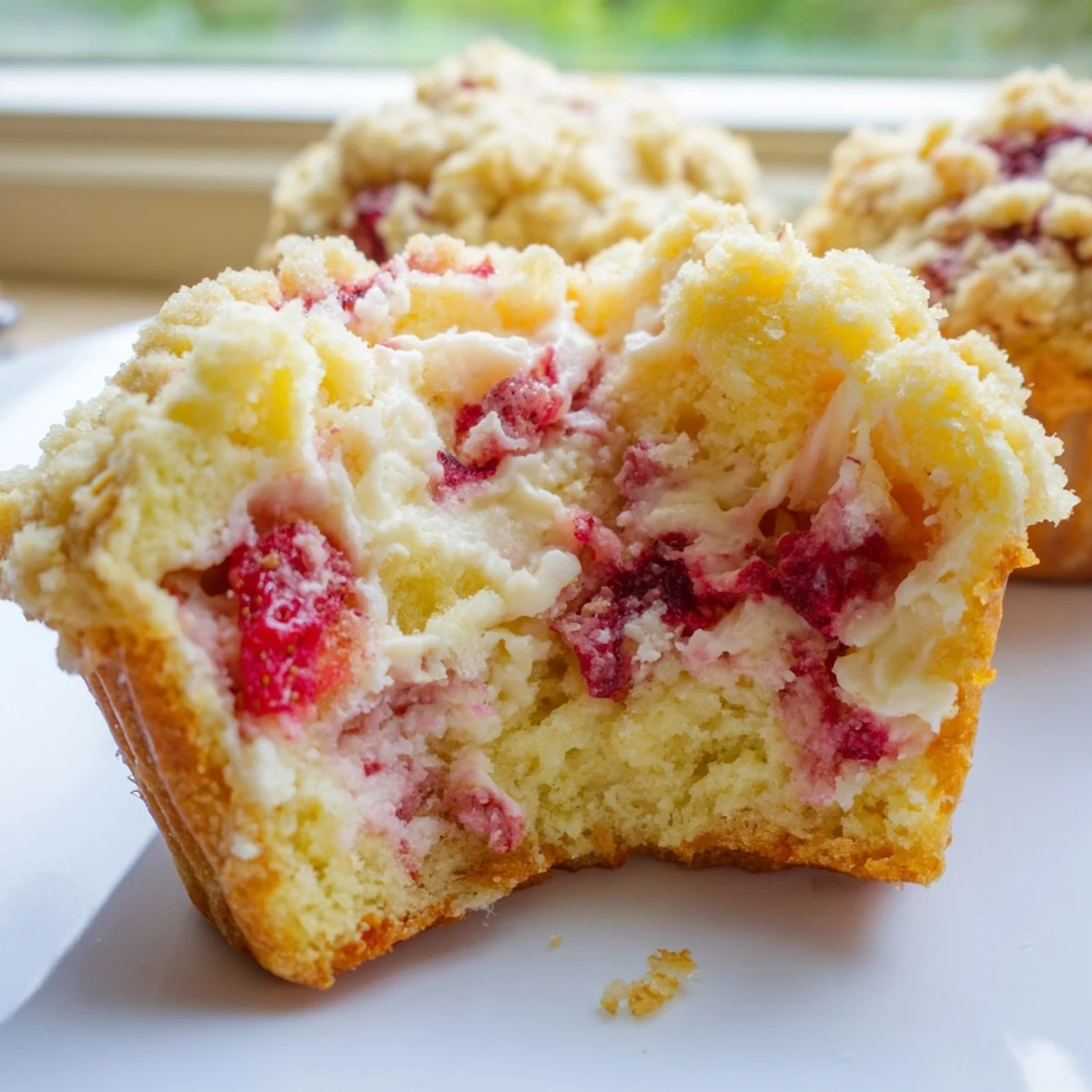 Golden strawberry cream cheese muffins with fresh red berries peeking through moist crumb