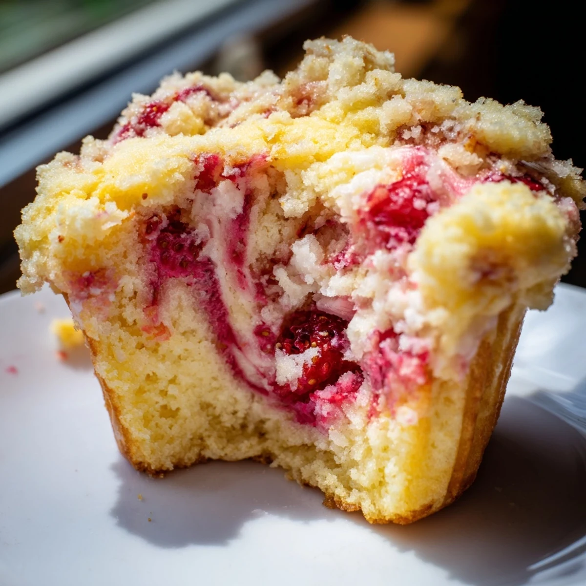 Fresh strawberry cream cheese muffins cooling on wire rack with cream cheese swirl center