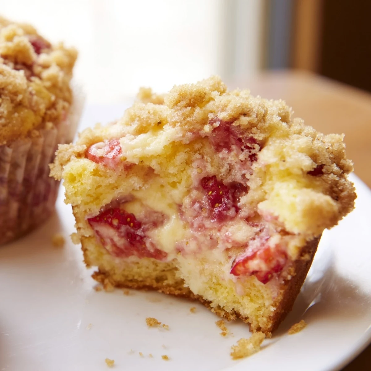 Baked strawberry cream cheese muffins topped with juicy strawberry pieces and sweet cream cheese filling