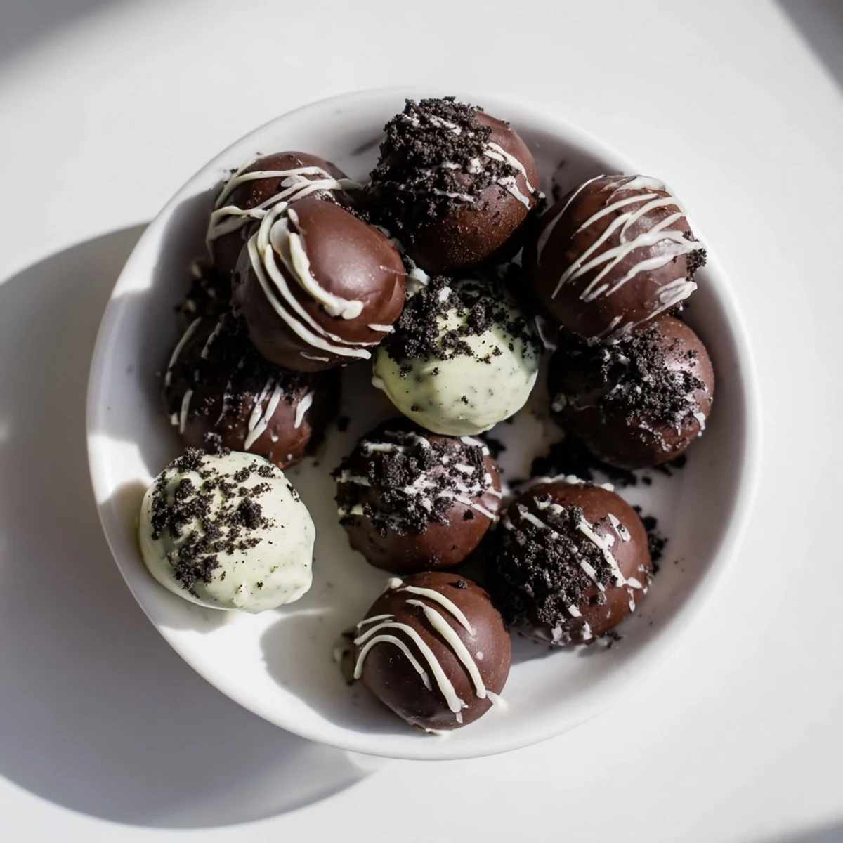 Bite-sized mint Oreo truffles coated in glossy dark chocolate with crushed cookie topping