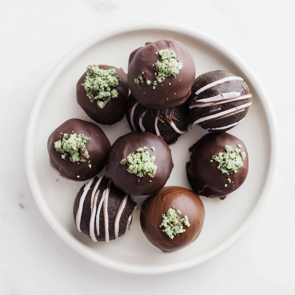 Rich chocolate-covered mint Oreo truffles arranged on a white serving plate for parties