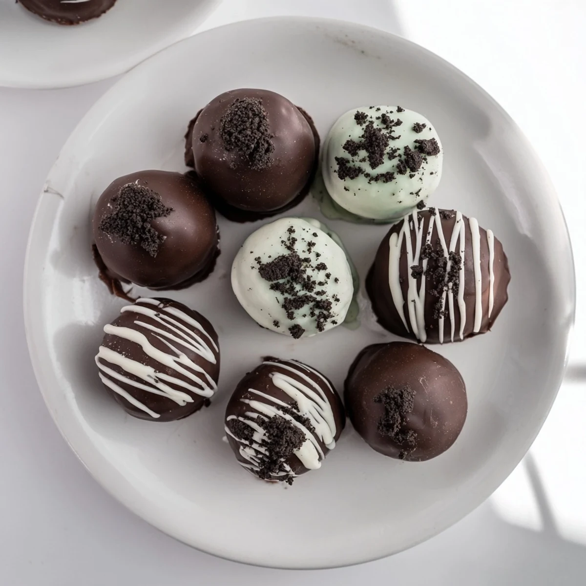 Homemade mint Oreo truffles drizzled with white chocolate and sprinkled with cookie crumbs