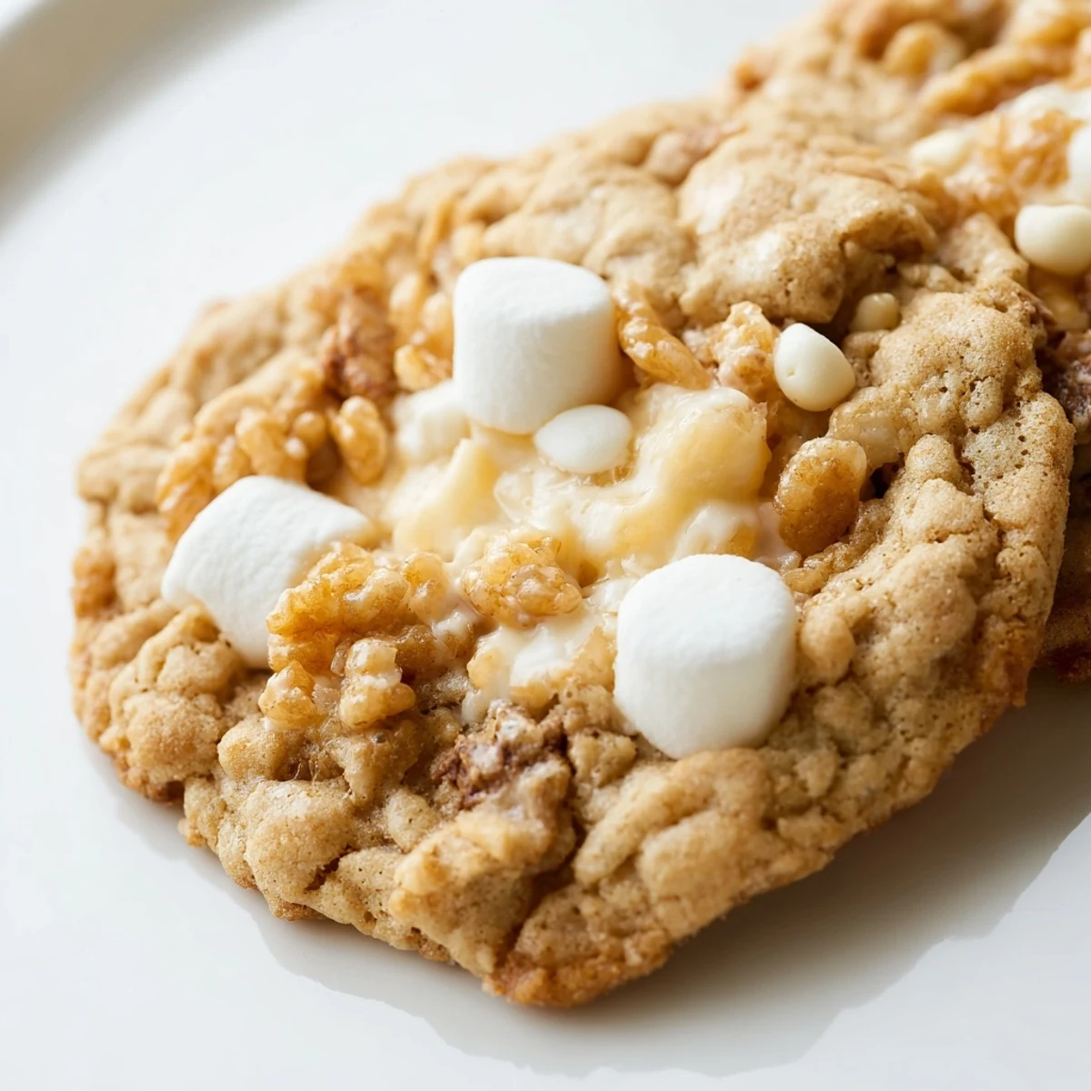 Warm marshmallow crispy cookies with soft buttery dough, gooey marshmallows, and crispy rice cereal on a wooden board