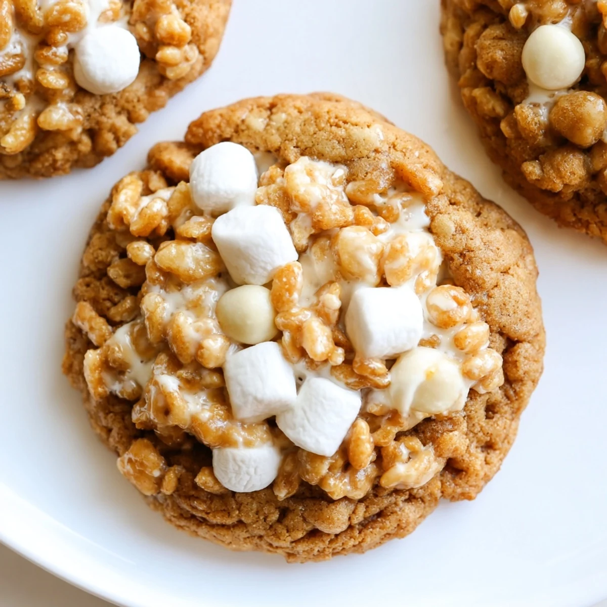 Golden bakery-style marshmallow crispy cookies with melted marshmallows and crispy rice cereal on a wire cooling rack
