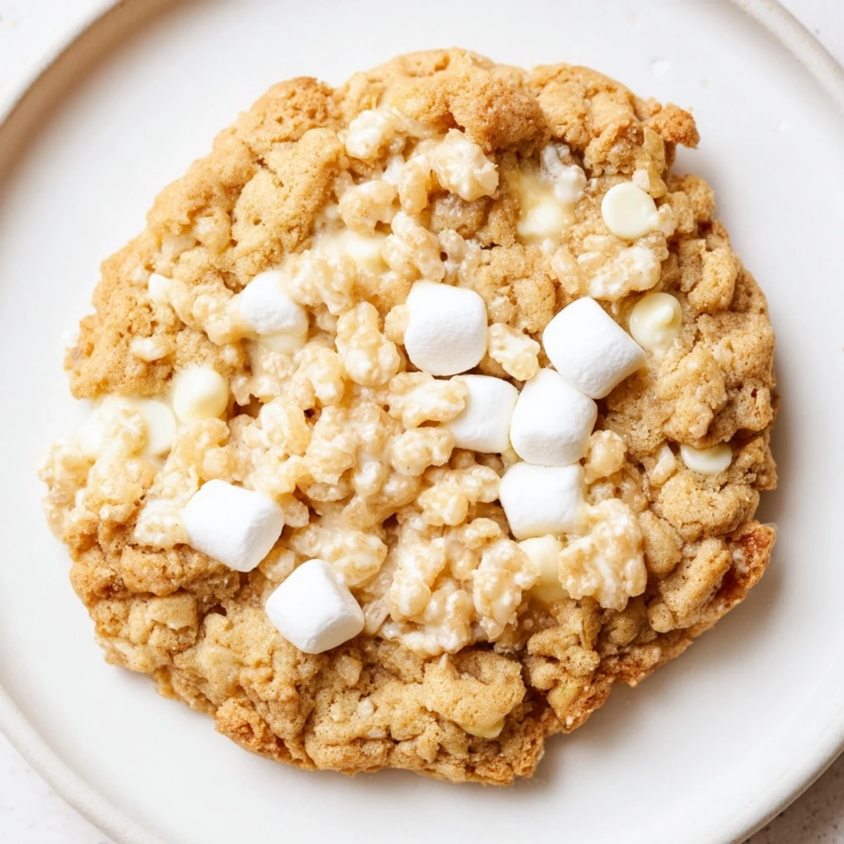 Freshly baked marshmallow crispy cookies stacked high, featuring gooey marshmallows and crunchy rice cereal pieces