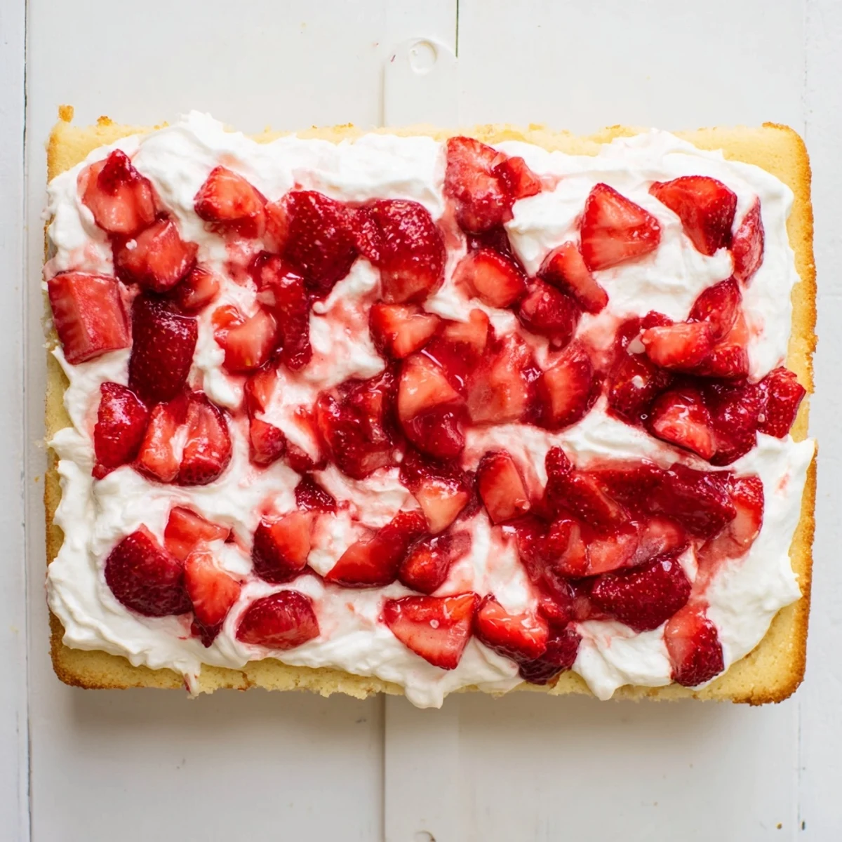 Homemade strawberry shortcake sheet cake with macerated berries swirled into sweet cream frosting on a tender crumb.