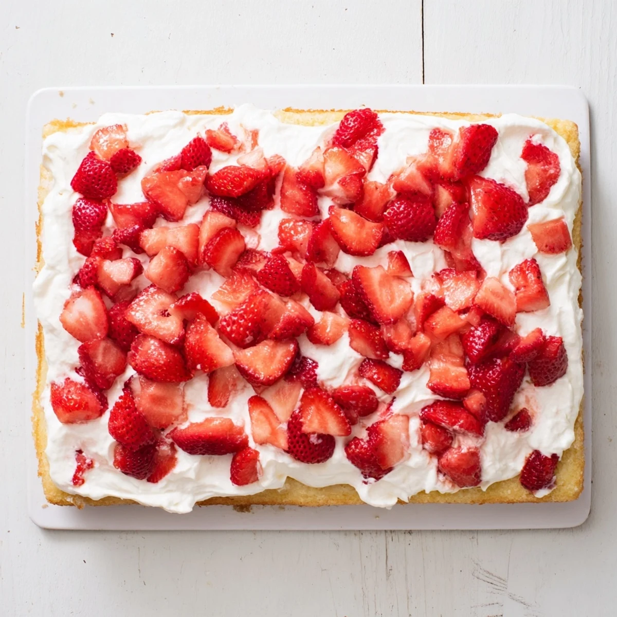 Golden vanilla sponge cake topped with fluffy whipped cream and fresh juicy red strawberries in a rectangular pan.