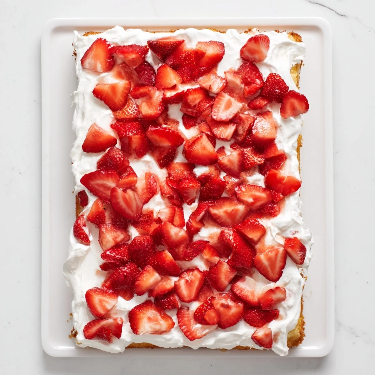 Rustic 9x13 inch dessert featuring layers of vanilla cake, whipped topping, and sugared strawberry slices for summer gatherings.