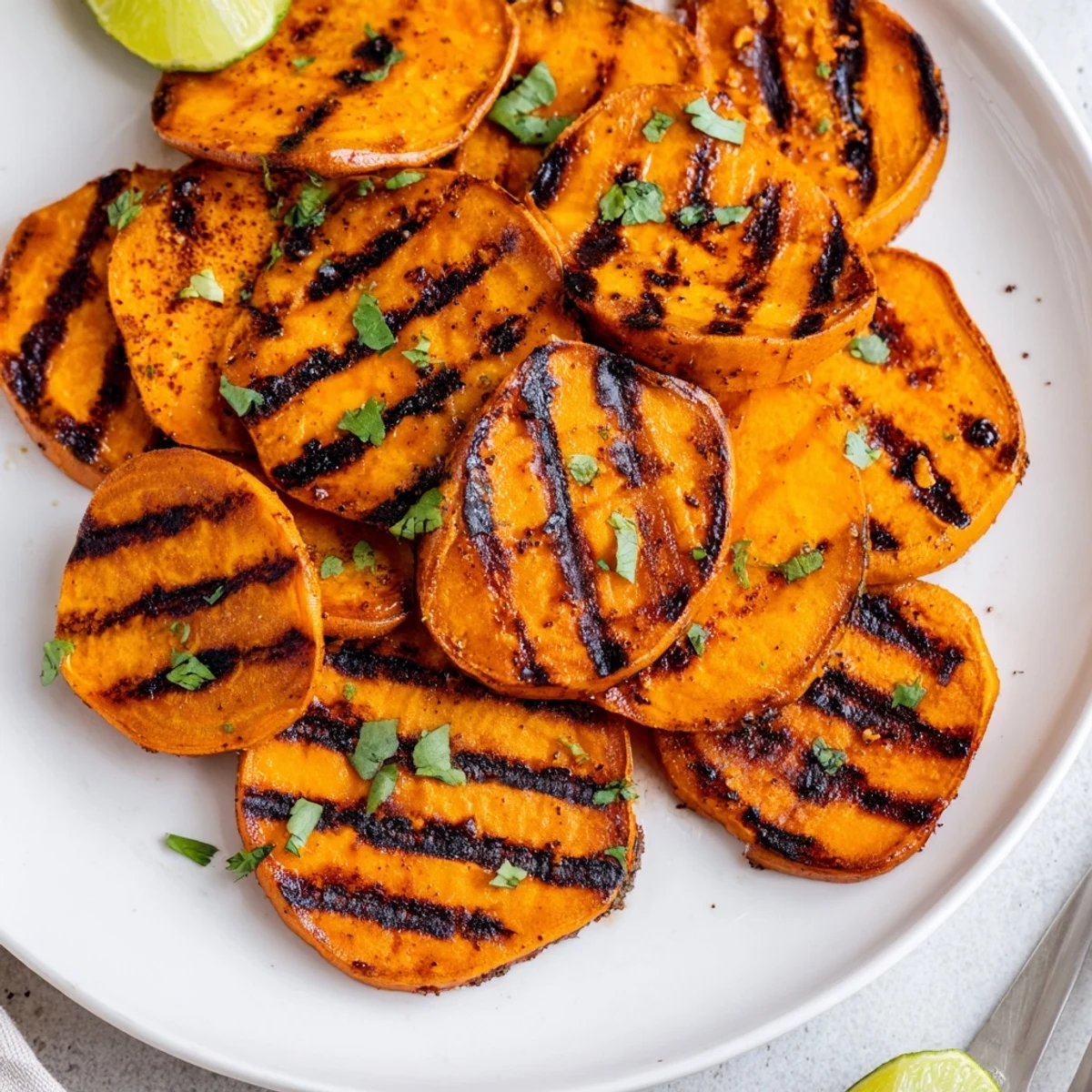 Grilled sweet potatoes with smoky char, sprinkled cilantro and lime wedges
