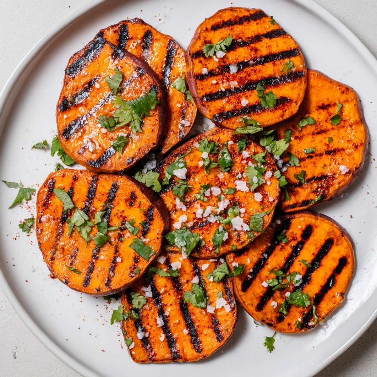 Sliced Grilled Sweet Potatoes stacked on platter, flaky sea salt gleaming