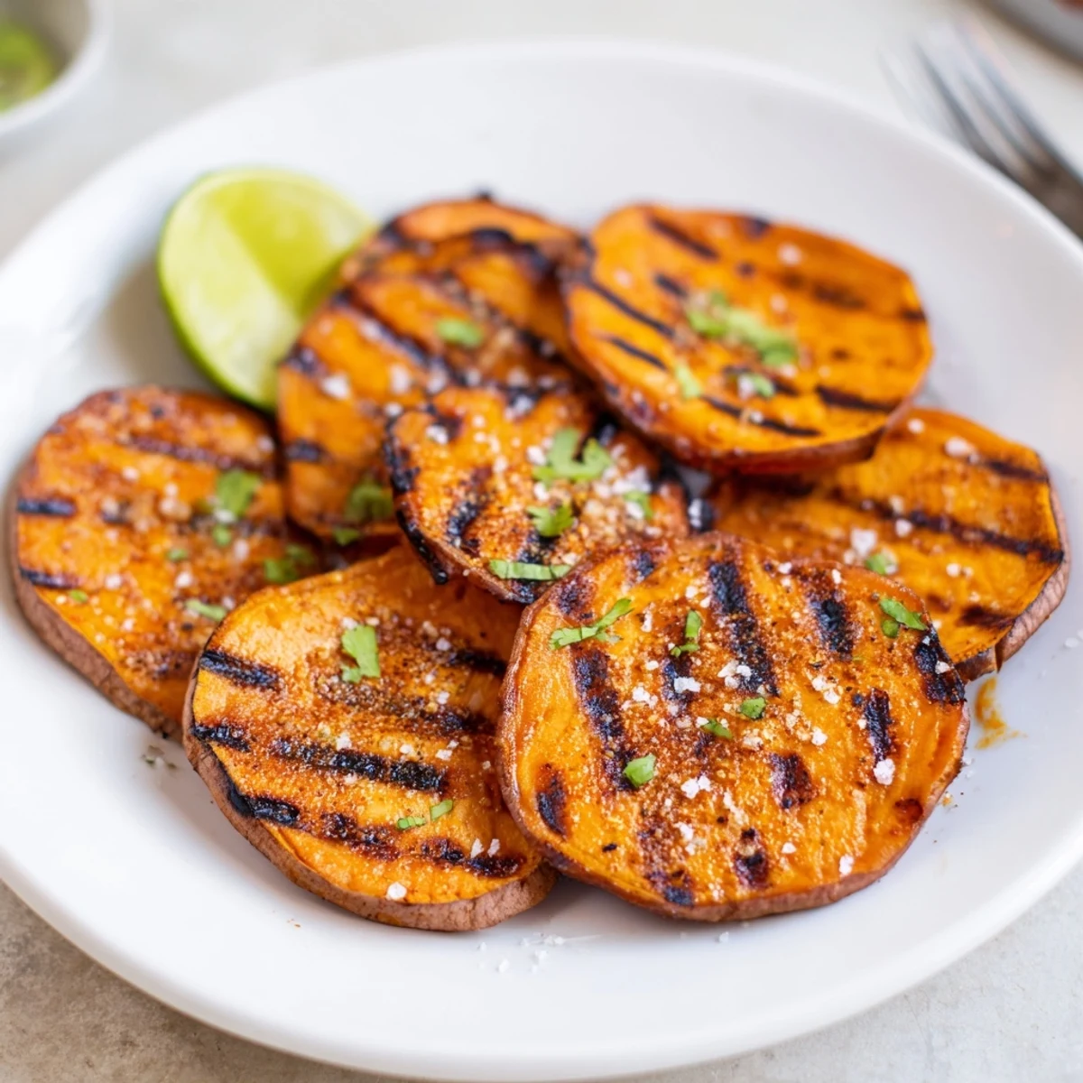 Charred Grilled Sweet Potatoes served hot at summer barbecue, olive oil sheen