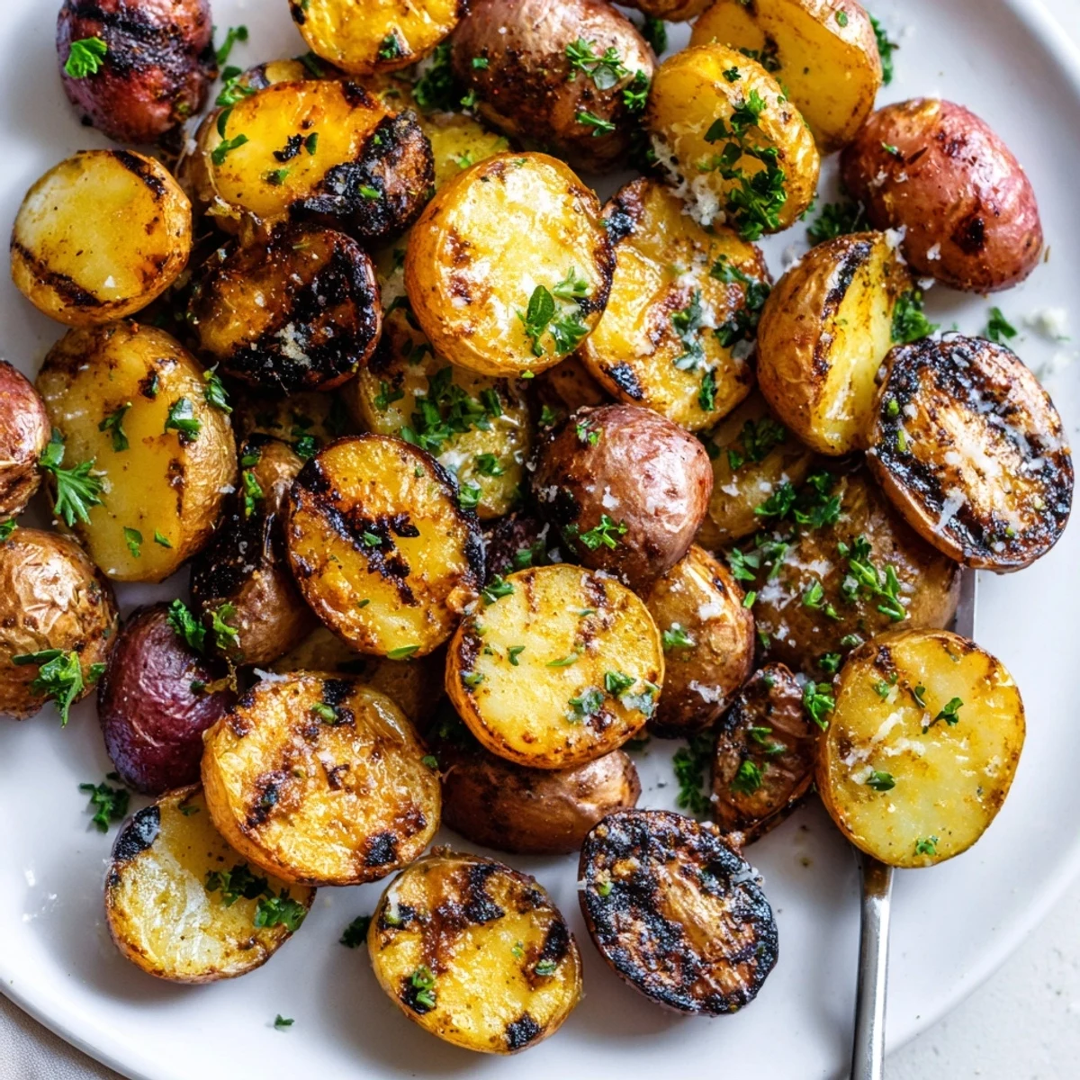 Weeknight Grilled Potatoes Recipe plated with melted Parmesan and fresh parsley garnish