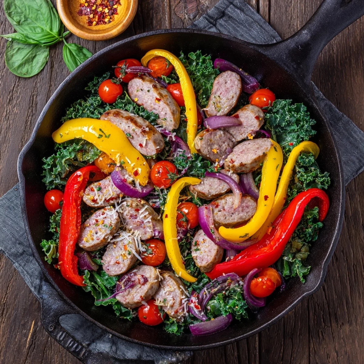 Golden brown Italian sausage slices nestled among caramelized peppers and tender greens in a cast iron skillet