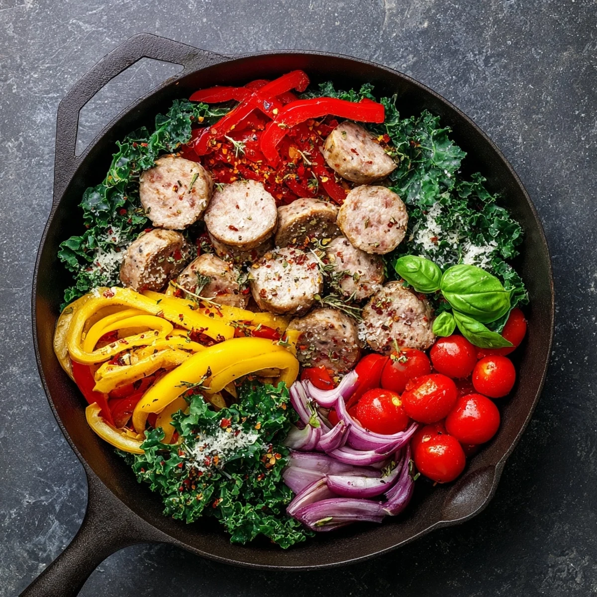Hearty sausage peppers greens skillet one pan dinner with colorful bell peppers and wilted kale