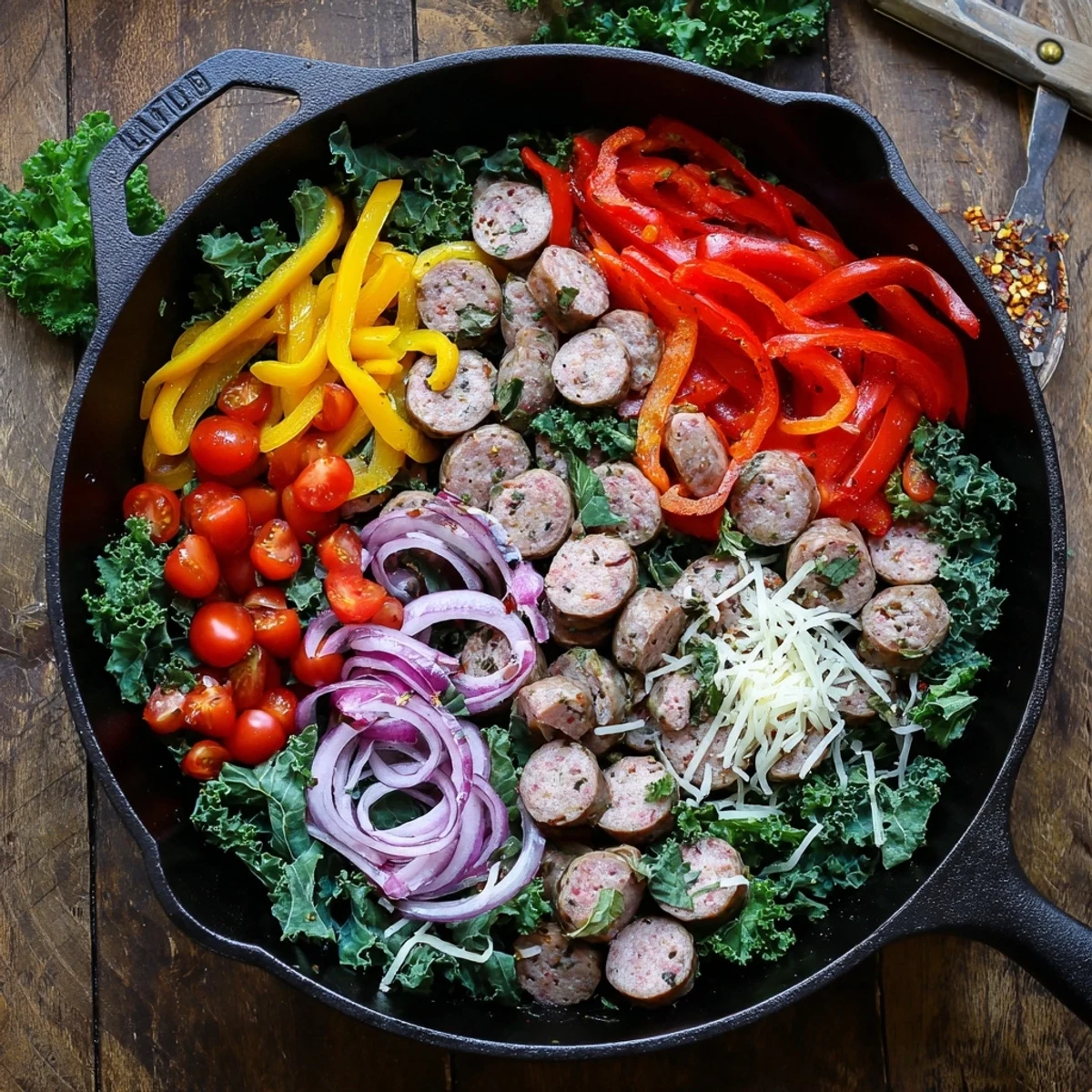 Vibrant one-pan sausage and peppers dinner featuring juicy links, red onions, and fresh wilted greens