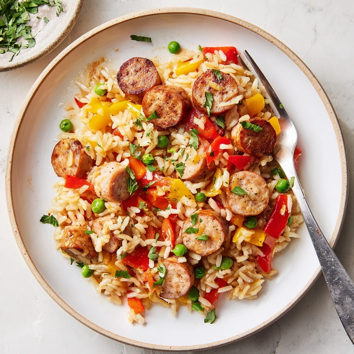 Golden crispy skillet rice with savory chicken sausage, colorful peppers, and fresh green peas garnished with parsley