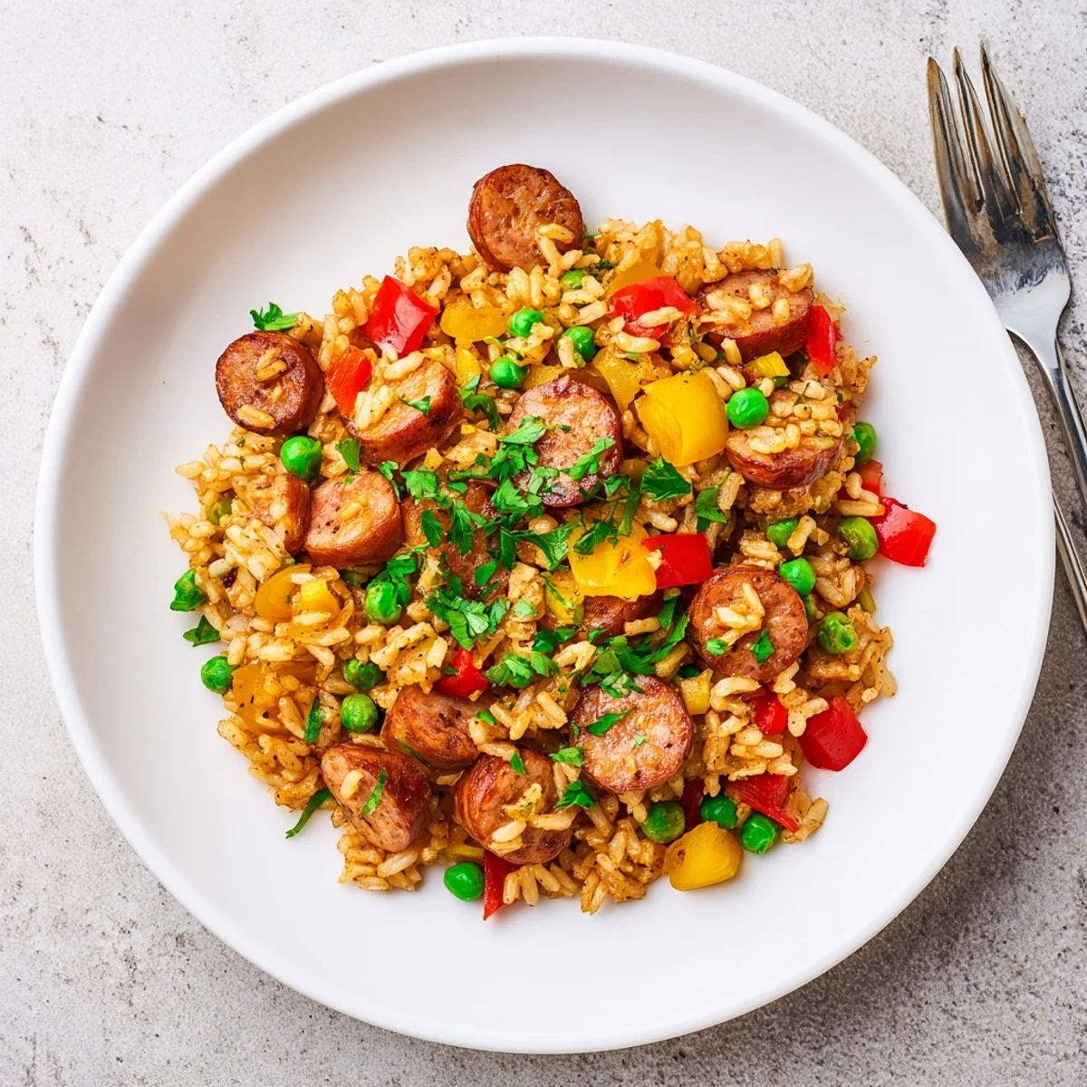 Comforting skillet rice with savory sausage and vibrant vegetables, served hot with a crispy bottom layer