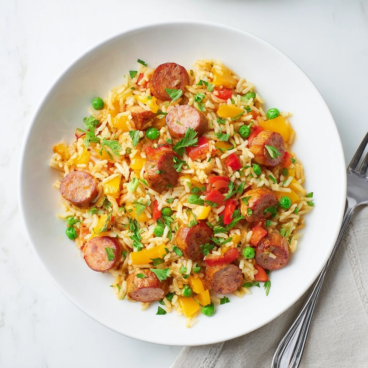 One-pan crispy rice dish featuring browned chicken sausage, tender vegetables, and a delicious golden crust