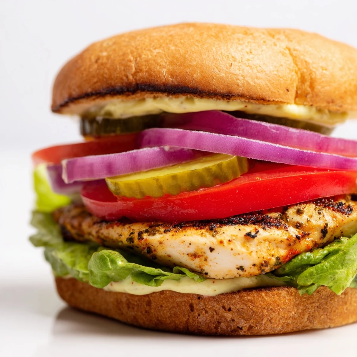 Golden brown savory spiced chicken sandwich stacked with fresh tomato and crisp lettuce on a toasted bun