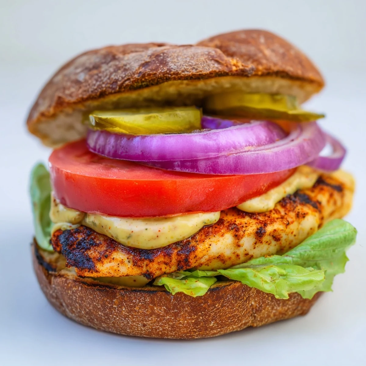 Homemade savory spiced chicken sandwiches featuring marinated grilled chicken with crisp vegetables and tangy sauce