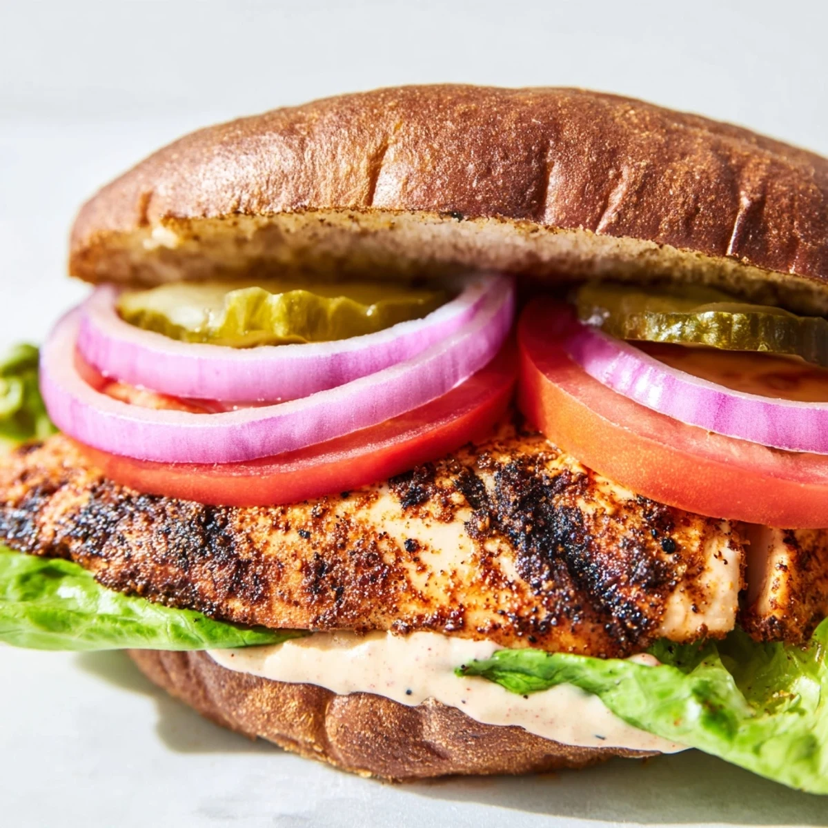 Juicy grilled spice-rubbed chicken breast layered with red onion and creamy mayo mustard sauce on sandwich rolls