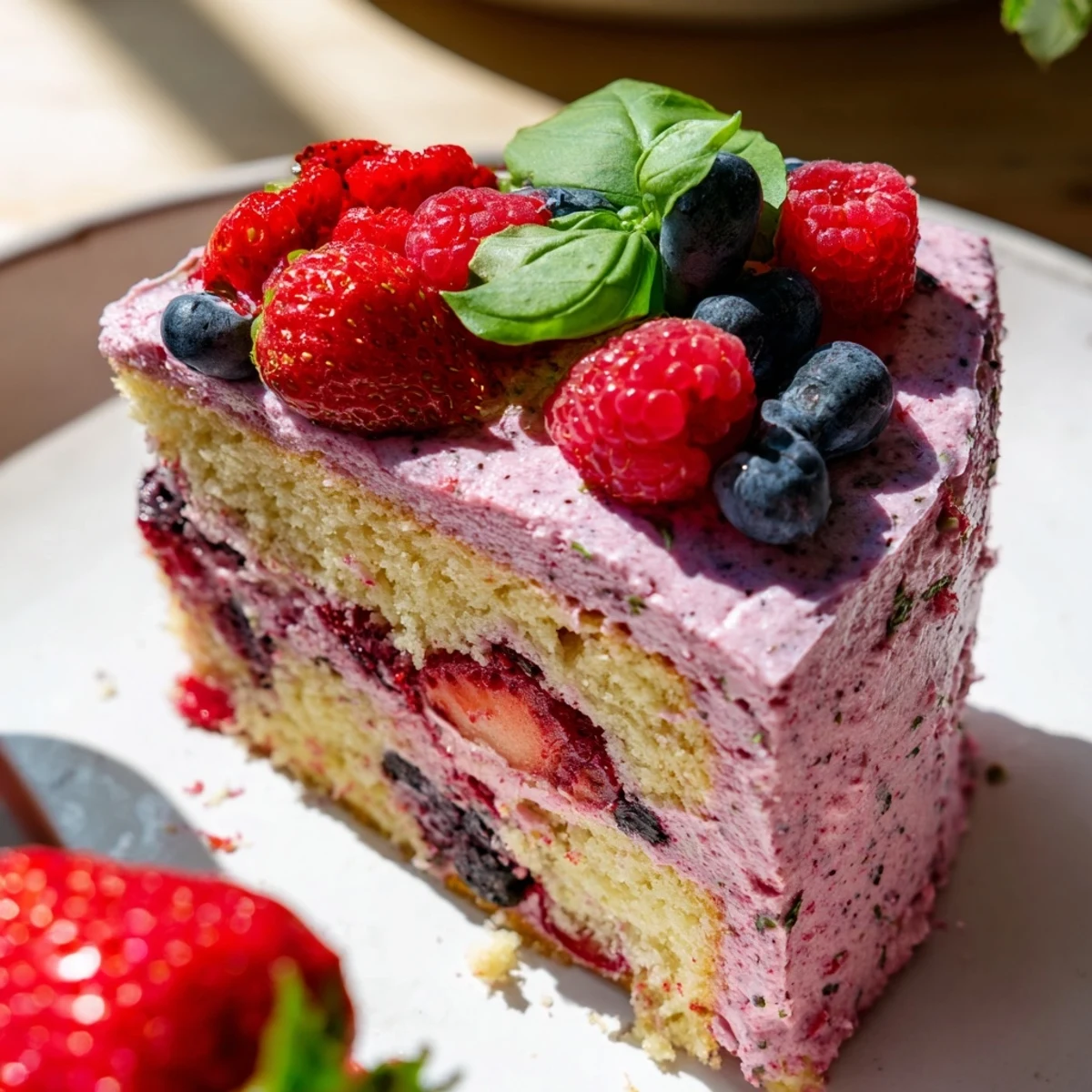 Golden basil berry cake topped with creamy frosting and decorated with fresh mixed berries and green basil leaves