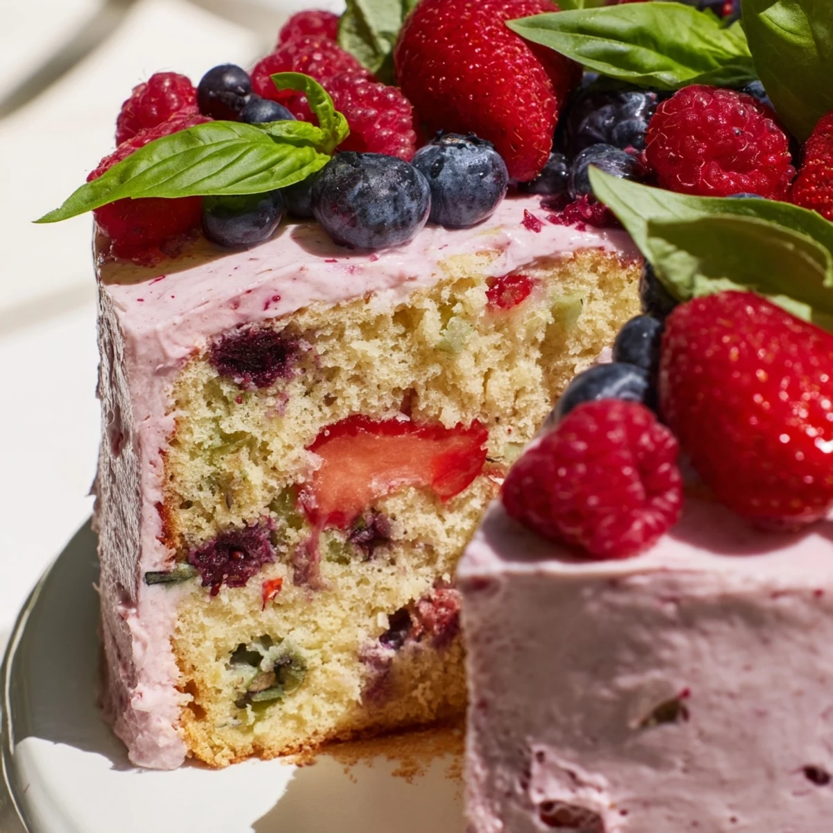 Slice of basil berry cake revealing tender crumb mixed with juicy strawberries, raspberries, and blueberries throughout