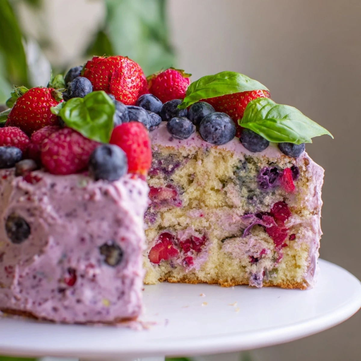 Frosted basil berry cake on a white plate garnished with vibrant red berries and delicate fresh basil sprigs