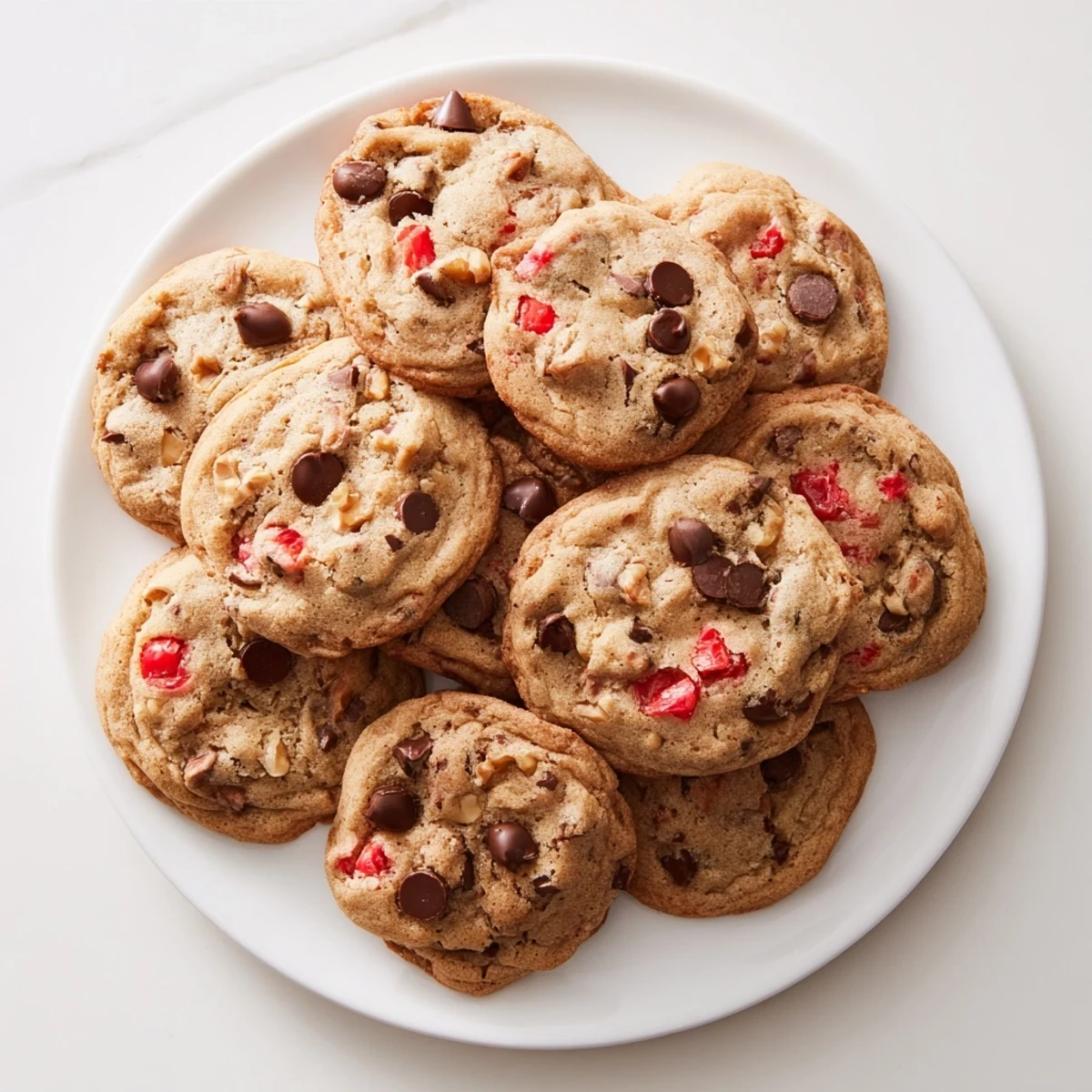 Golden maraschino cherry chocolate chip cookies on a wire cooling rack, studded with bright red cherries and melted chocolate chips