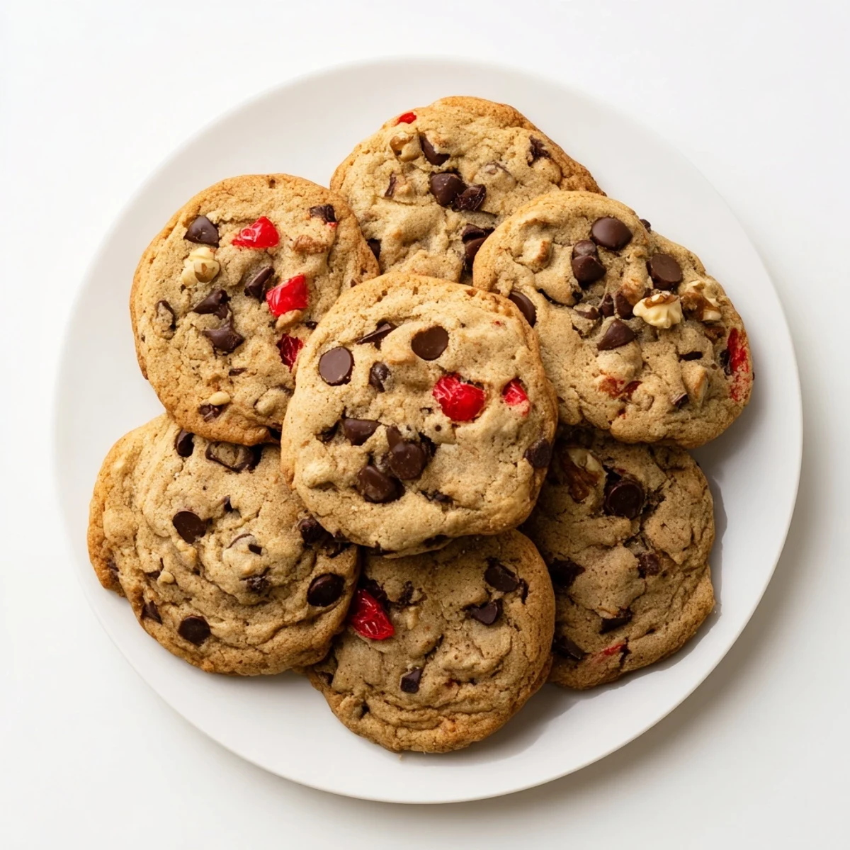 Freshly baked maraschino cherry chocolate chip cookies with soft centers and chewy edges, loaded with colorful cherry pieces