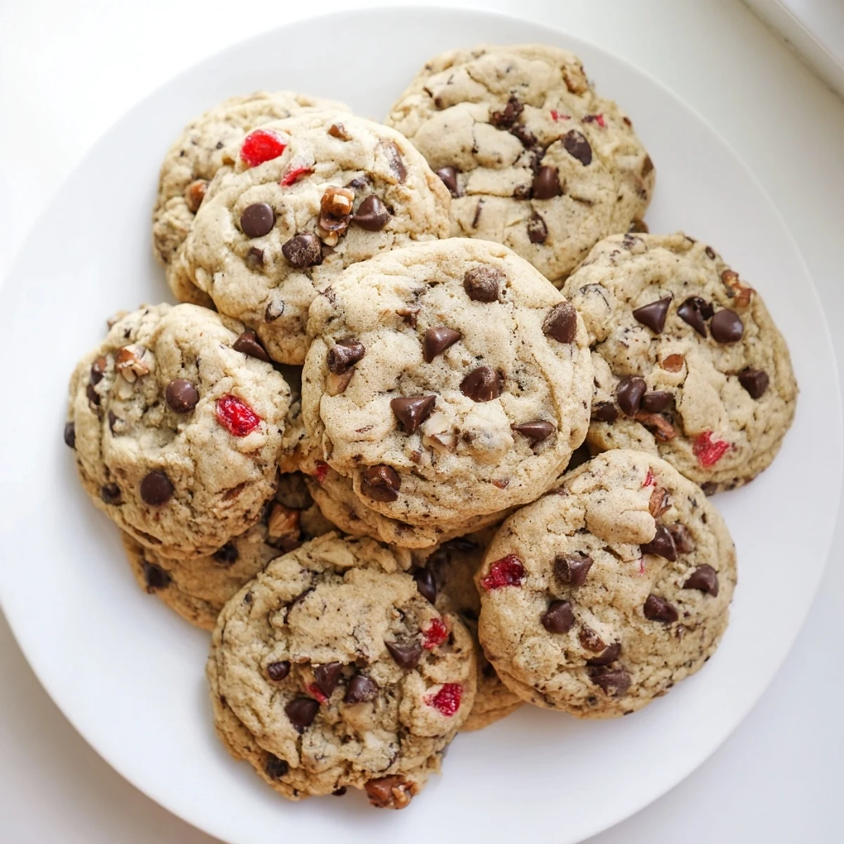 Stack of homemade maraschino cherry chocolate chip cookies featuring plump red cherries and rich chocolate chips throughout
