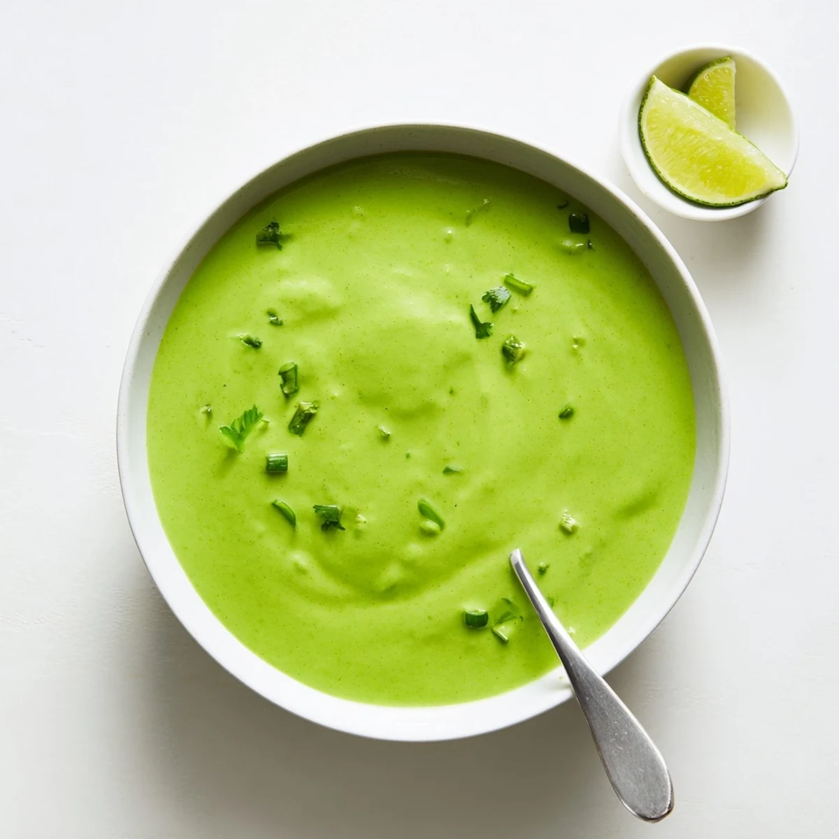 Creamy Peruvian green sauce aji verde served in white bowl with grilled chicken