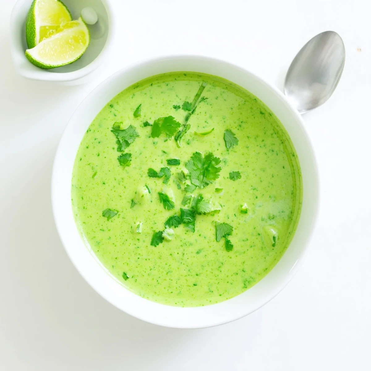 Spicy green cilantro sauce dolloped beside roasted vegetables and herb garnish