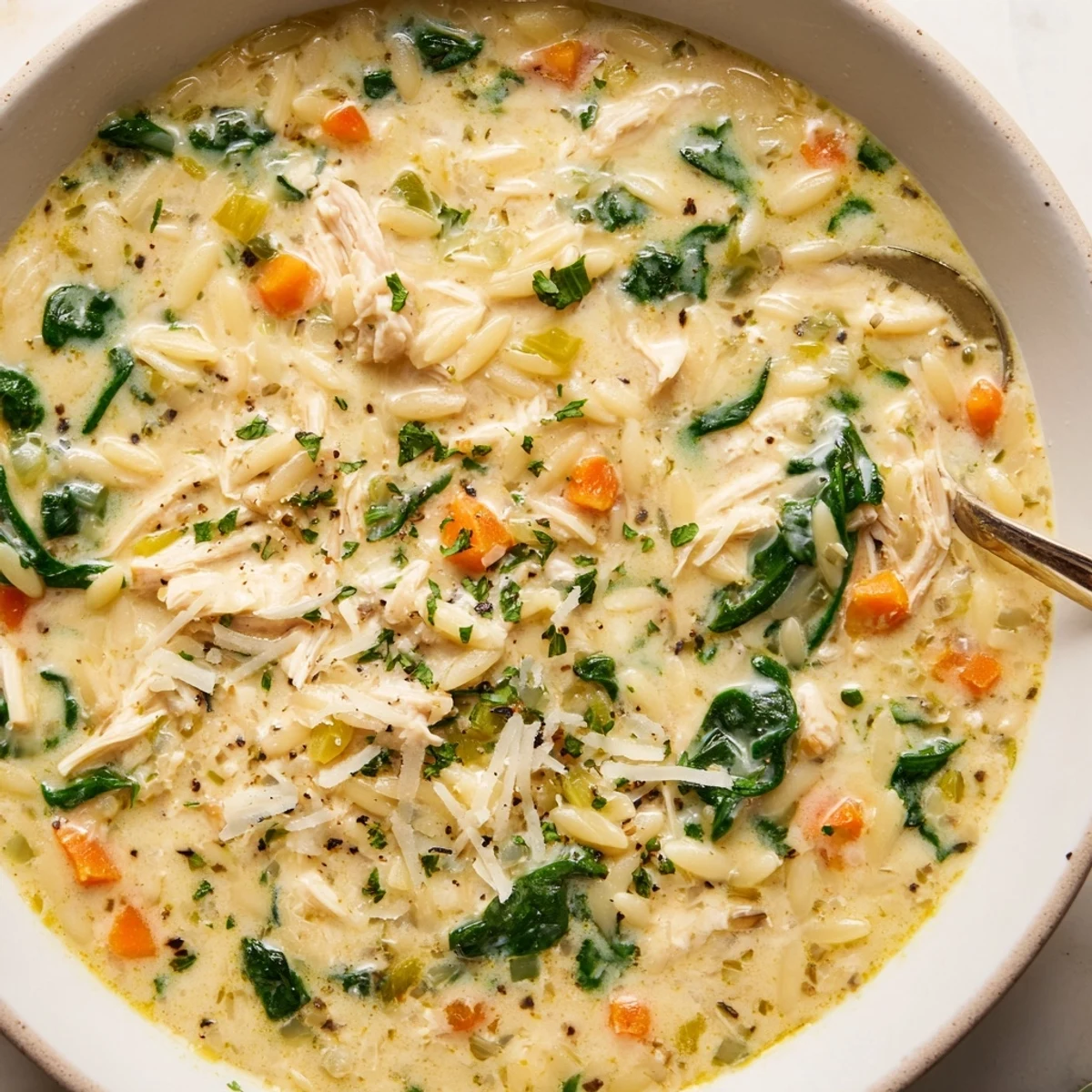 Bowl of Creamy Chicken Florentine Soup With Orzo, steaming, garnished parsley  