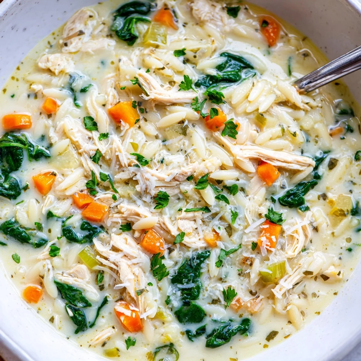 Spoon lifting Creamy Chicken Florentine Soup With Orzo, tender chicken, wilted spinach  