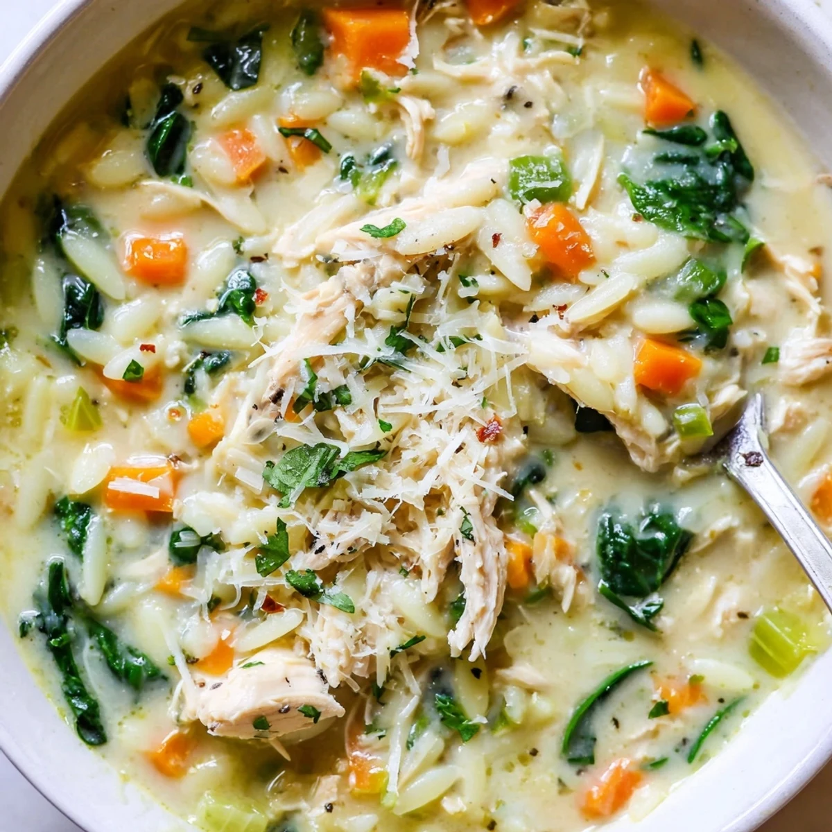 Creamy Chicken Florentine Soup With Orzo served with crusty bread, rich broth