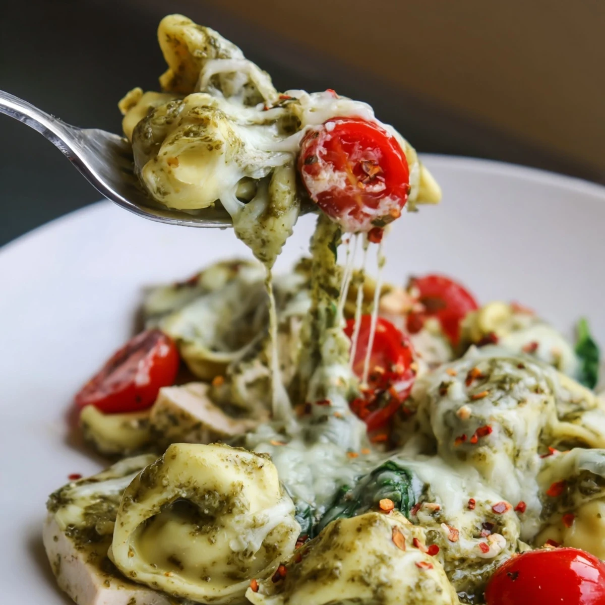 Steaming, creamy Slow Cooker Tortellini Casserole With Cheesy Chicken Pesto, basil garnish