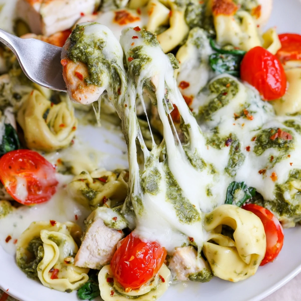 Family-style Slow Cooker Tortellini Casserole With Cheesy Chicken Pesto, fork-tender chicken