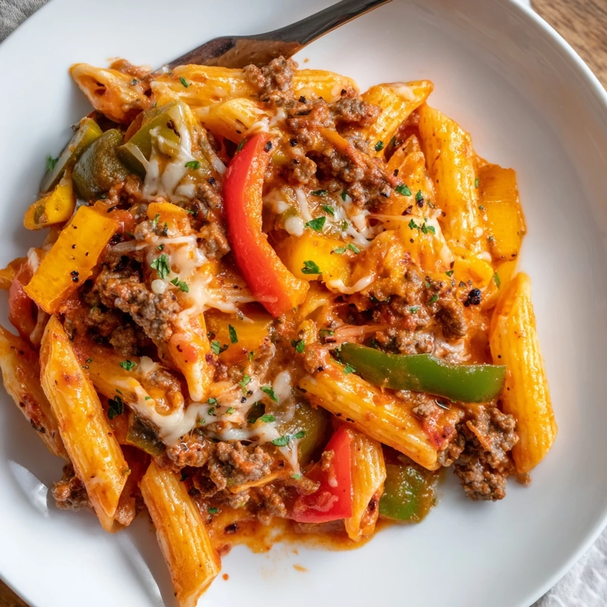 Cheesy Stuffed Pepper Skillet Pasta steaming with gooey mozzarella and vibrant peppers