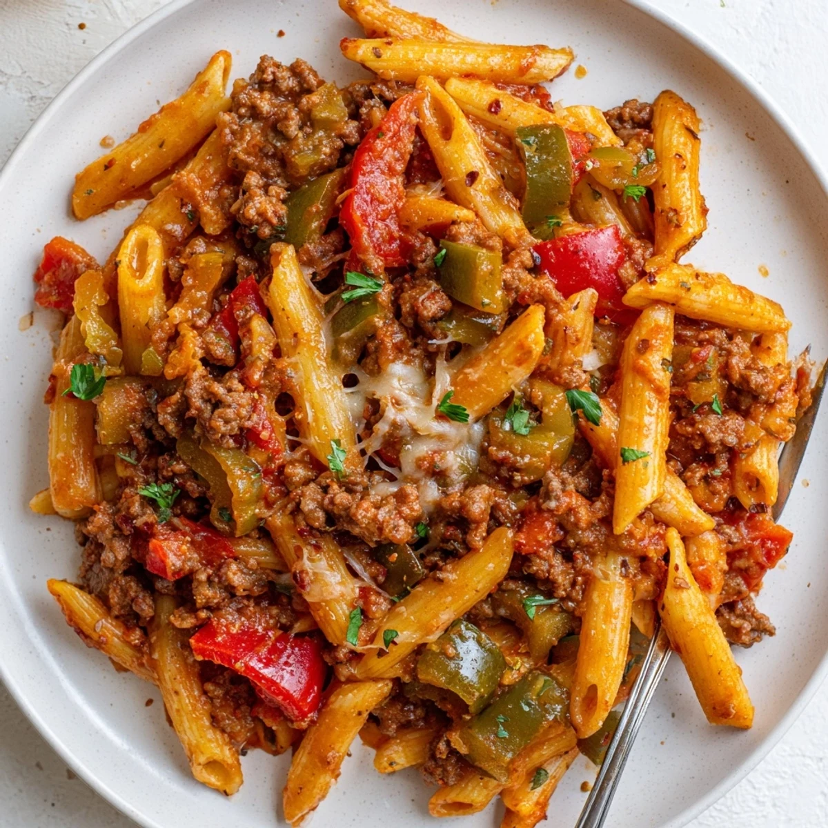 Family-style Cheesy Stuffed Pepper Skillet Pasta topped with parsley, ready to serve