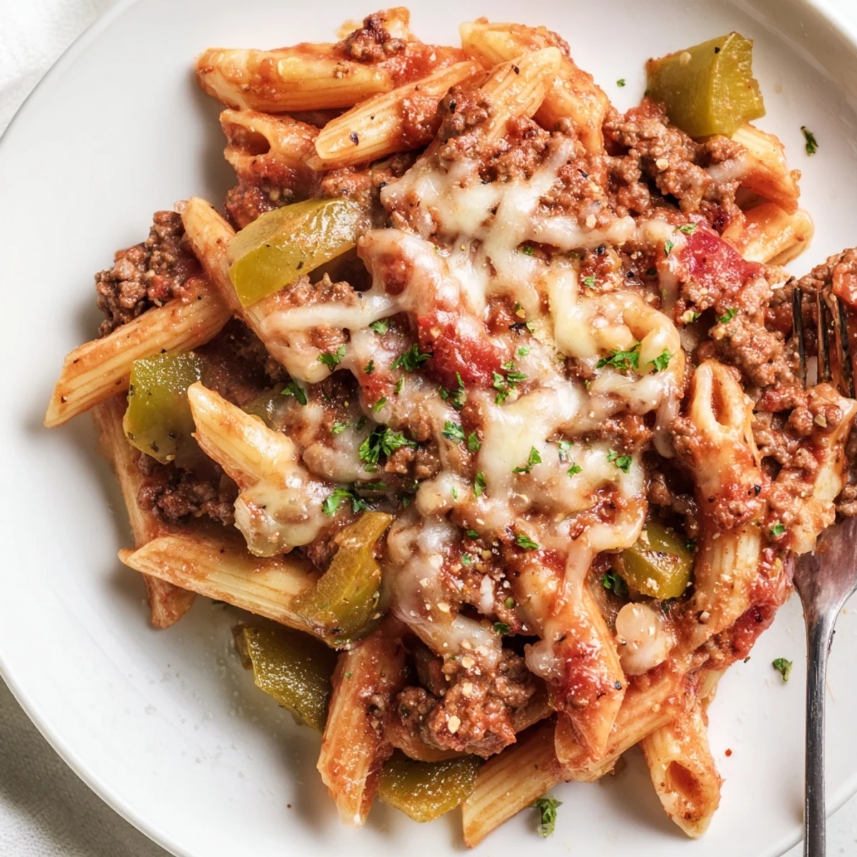 Weeknight Cheesy Stuffed Pepper Skillet Pasta bubbling in skillet, fragrant tomato sauce