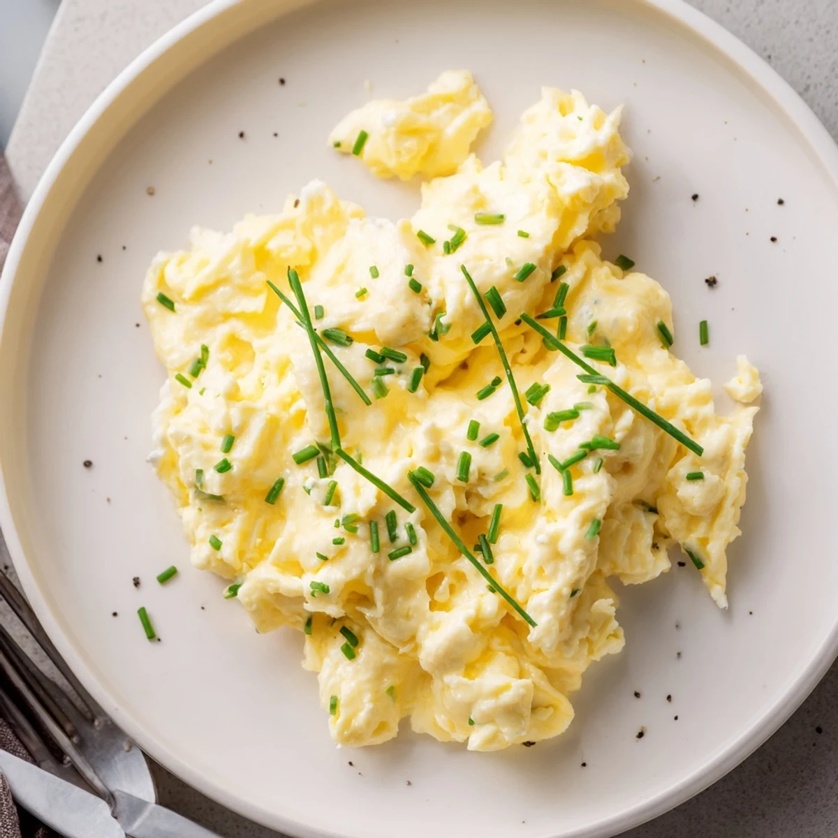 Skillet-ready Cottage Cheese Scrambled Eggs with Chives, glossy curds and fresh herbs.