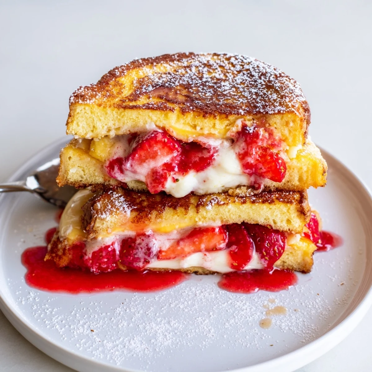 Warm Cream Cheese Stuffed French Toast With Strawberry Drizzle, golden and gooey