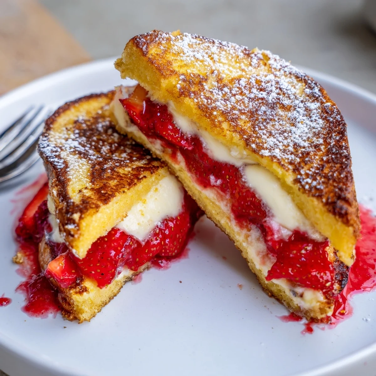 Cream Cheese Stuffed French Toast With Strawberry Drizzle, buttery skillet, sliced and steaming