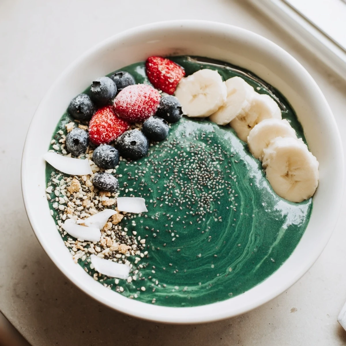 Creamy Green Smoothie Bowl with Spirulina, Banana & Hemp Seeds, topped with berries