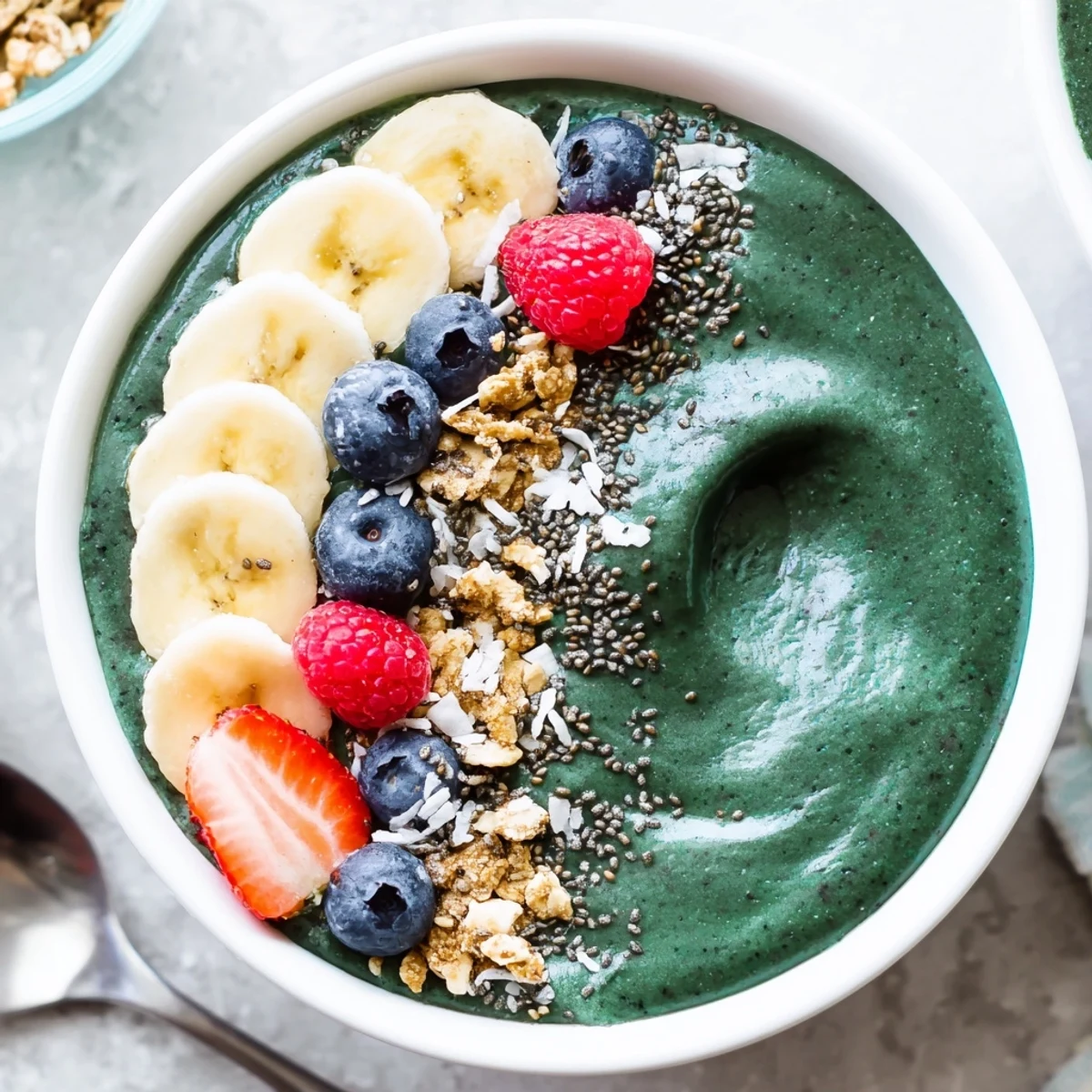 Vibrant Green Smoothie Bowl with Spirulina, Banana & Hemp Seeds, velvety avocado base